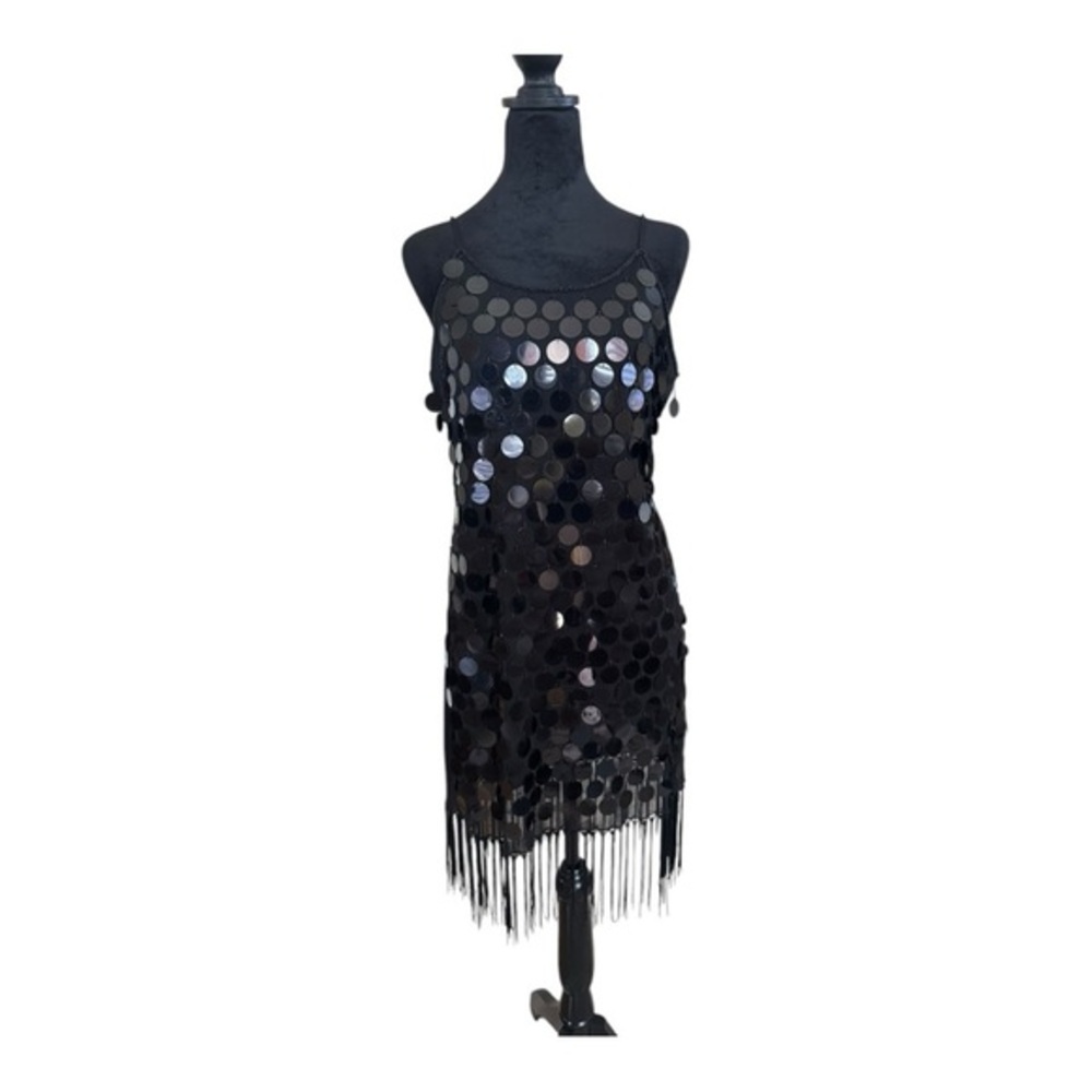 Y2k BEADED DROPPED SEQUENCED with FRINGE HEM IN BLACK SIZE‎ LARGE